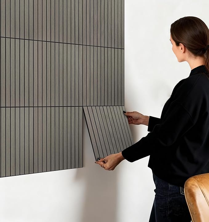 16-Pack Peel and Stick Acoustic Wall Panels, 11.8" x 11.8" PET Soundproof & Noise Cancelling Acoustic Felt, Self-Adhesive 3D Sound Absorbing Slat Wall Paneling for Interior Wall Decor, Gray