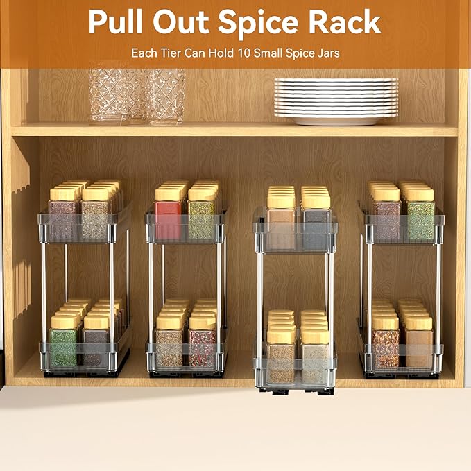 2 Pack Pull Out Spice Rack Organizer for Cabinet, 2 Tier Slide Out Spice Racks Organizer, Spice Cabinet Organizers, Cabinet Size Need:12'' High x 11'' Deep x 5'' Wide, Clear Acrylic