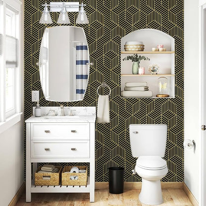 WENMER 17.7" x 394" Geometric Hexagon Wallpaper Black and Gold Peel and Stick Removable Contact Paper Self Adhesive for Home Drawer Cabinet Countertop Door