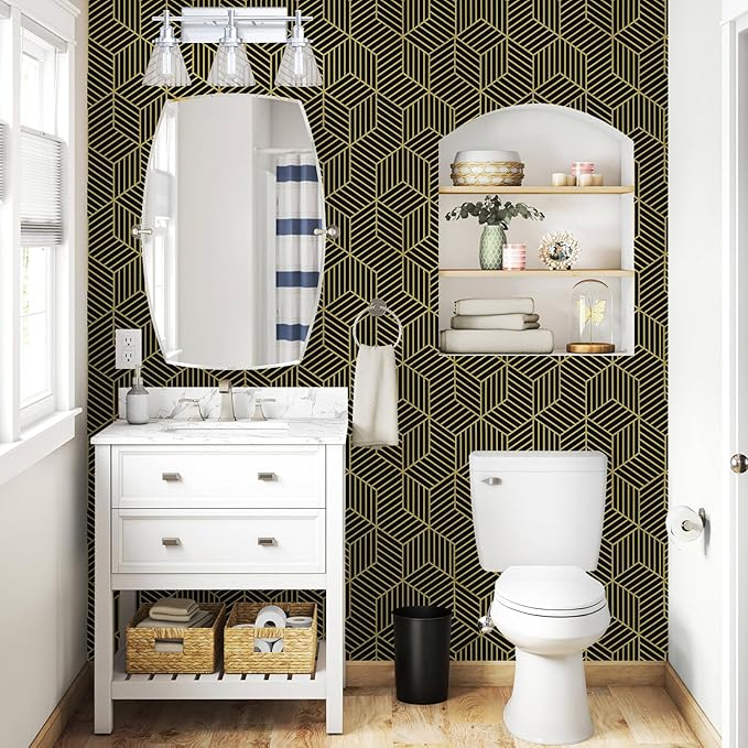 WENMER Black and Gold Geometric Wallpaper, 17.7