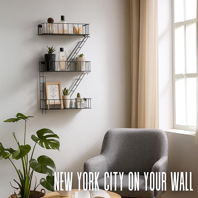 Fire Escape Wall Shelf - New York Decorative Floating Shelf - Wall Art Ladder Shelf - Black Metal Trinket Shelves for Bedroom, Home, Office, Storage and Display (3-Tier)