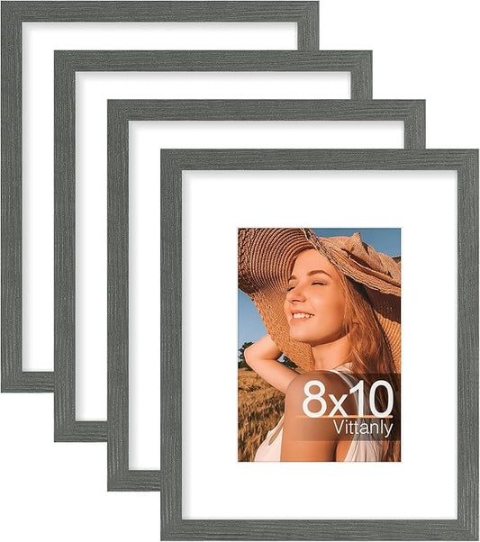 Vittanly 8x10 Picture Frames Set of 4, Display Pictures 5x7 with Mat or 8x10 without Mat, Gallery Frame Set for Wall or Tabletop Display, Engineered Wood with Shatter Resistant Plexiglass, Slate Grey
