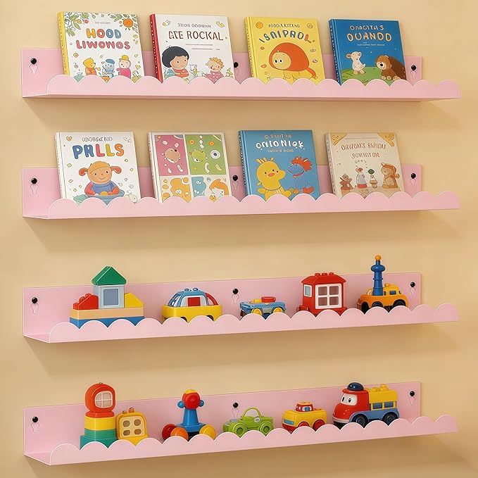 24 Inch Nursery Book Shelves Set of 4, Pink Metal Floating Shelves for Wall, Scalloped Cloud Book Shelf for Kids Room, Bathroom, Bedroom, Playroom Wall Decor & Storage