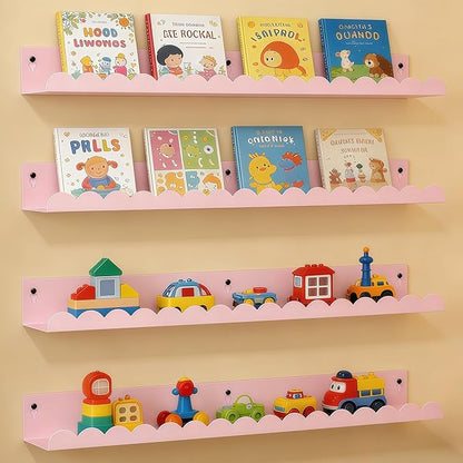 24 Inch Nursery Book Shelves Set of 4, Pink Metal Floating Shelves for Wall, Scalloped Cloud Book Shelf for Kids Room, Bathroom, Bedroom, Playroom Wall Decor & Storage