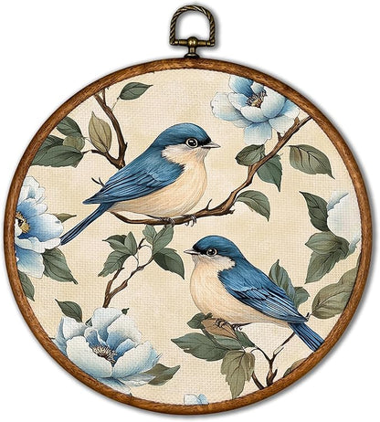 KSDUT Bird Wall Art Decor - Chinoiserie Neutral Mid Century Modern Wall Art Canvas Frame Hanging Prints, Vintage Landscape Round Wall Art Decor for Home Decorations 10"x10"