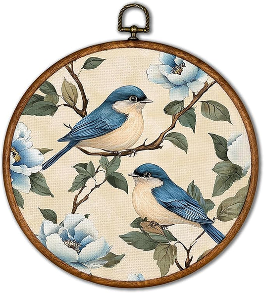 KSDUT Bird Wall Art Decor - Chinoiserie Neutral Mid Century Modern Wall Art Canvas Frame Hanging Prints, Vintage Landscape Round Wall Art Decor for Home Decorations 10"x10"