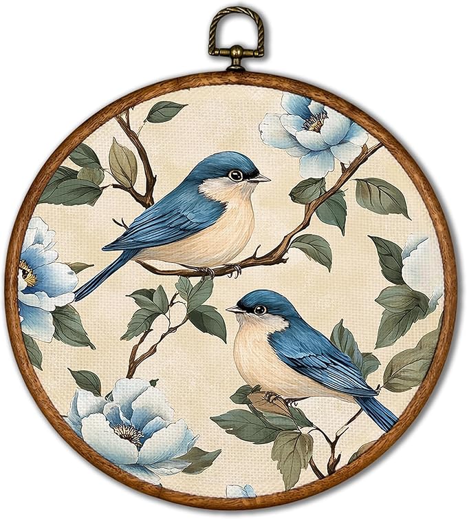 KSDUT Bird Wall Art Decor - Chinoiserie Neutral Mid Century Modern Wall Art Canvas Frame Hanging Prints, Vintage Landscape Round Wall Art Decor for Home Decorations 10"x10"