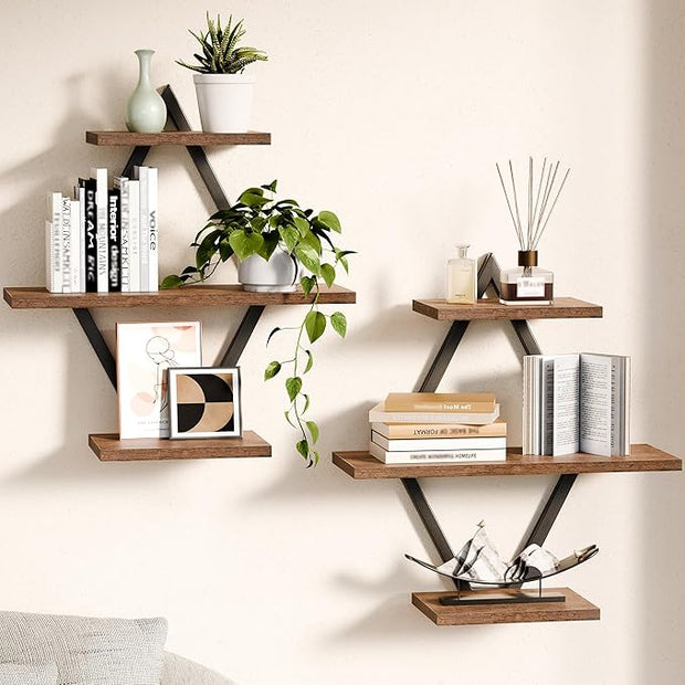 Floating Shelves, Wall Shelf Set of 2, Wall Mounted Shelves, 3-Tier Hanging Wall Shelves for Bathroom, Living Room, Bedroom, Kitchen, Office (Rustic Brown)