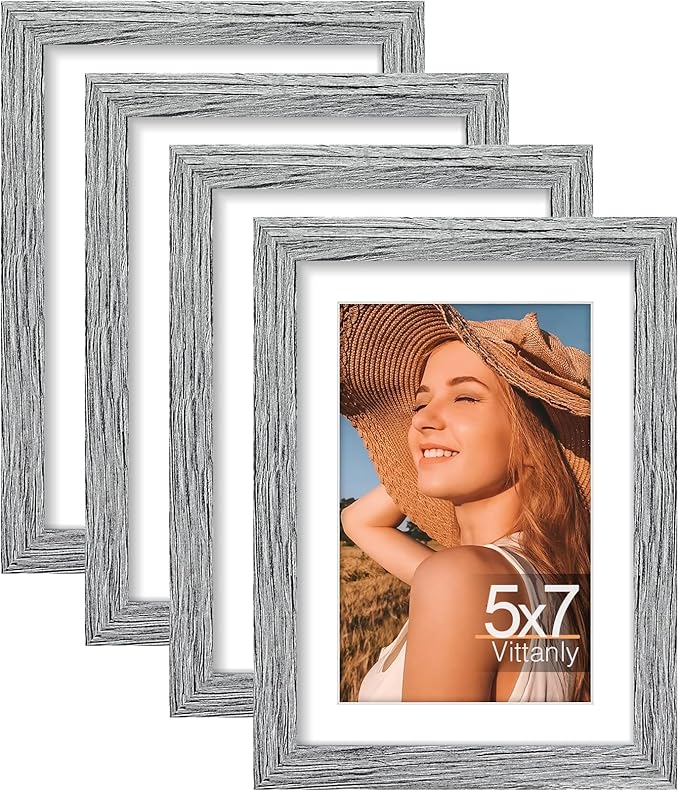 Vittanly 5x7 Picture Frame Set of 4, Display Pictures 4x6 with Mat or 5x7 without Mat, Engineered Wood with Shatter Resistant Plexiglass, Small Photo Frames for Wall or Tabletop Display, Grey