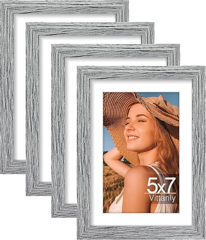 Vittanly 5x7 Picture Frame Set of 4, Display Pictures 4x6 with Mat or 5x7 without Mat, Engineered Wood with Shatter Resistant Plexiglass, Small Photo Frames for Wall or Tabletop Display, Grey