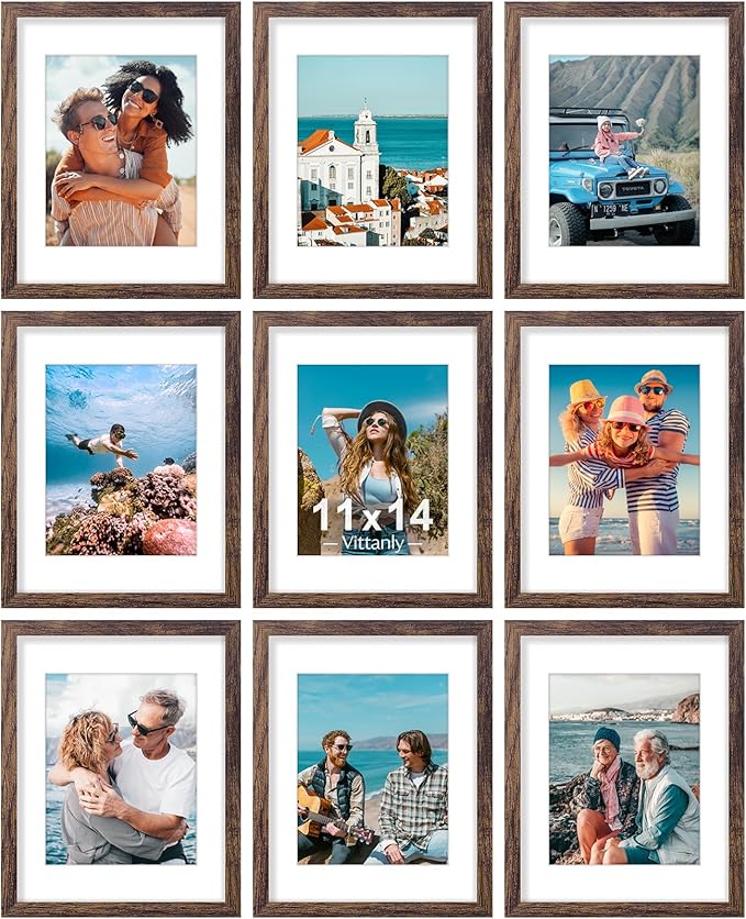 Vittanly 11x14 Picture Frames Set of 9, Shatter Resistant Plexiglass, Display 8x10 Pictures with Mat or 11x14 without Mat, Photo Frames for Wall or Tabletop, Engineered Wood, Brown