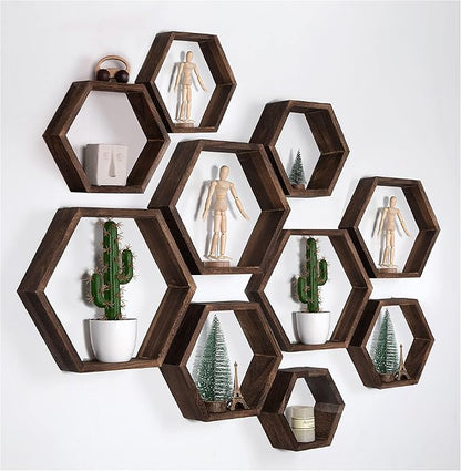 WONFUlity Hexagon Floating Shelves Honeycomb Shelves Wood Farmhouse Storage Wall Shelf for Bathroom, Kitchen, Bedroom, Living Room, Driftwood Finish Wall Decor