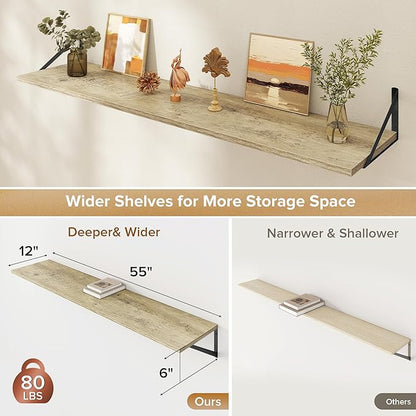 Deep Floating Shelves Wall Mounted, 55"x12" Gray Wall Shelves with Brackets Set of 2 for Bedroom, Living Room, Bathroom, Kitchen, Office - Storage & Display Shelf for Decor, Books, Plants
