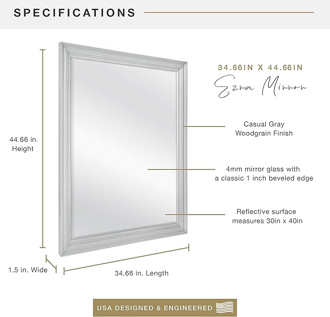 MCS Ezra 34.66x44.66 Large Wall Mirror, Gray Woodgrain & Beveled Mirror, Vertical & Horizontal Wall Hanging Mirror for Bathroom, Bedroom & Livingroom