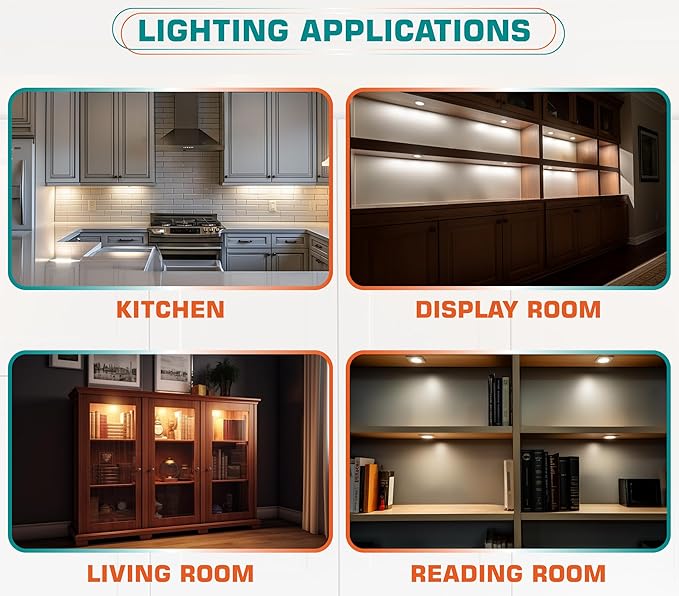 Kitchen Underneath Cabinet LED Puck Light, Hutch Backsplash Back Lighting, 110V Plug in & Hardwired, Wireless RF Remote Control Dimmable, Linkable, White Wires, Warm White 2700K, 6 Lights