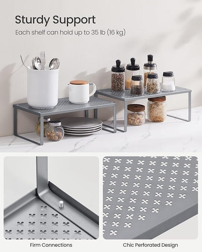 SONGMICS Spice Racks, Set of 2 Metal Cabinet Shelf Organizers, Countertop Organizers, Shelf Risers, Stackable, Expandable, Silver UKCS401G01