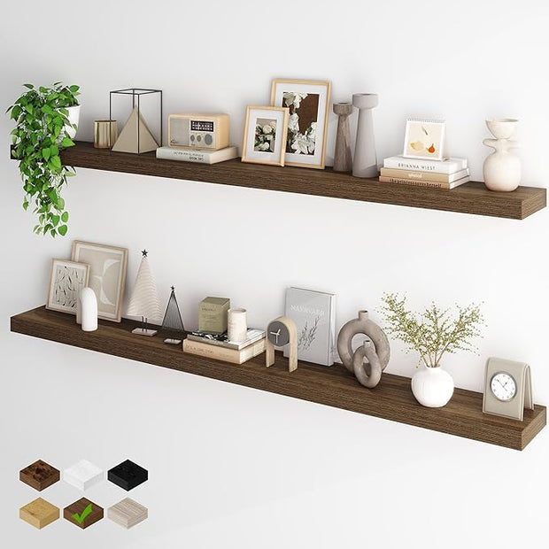 Fun Memories 72 Inch Floating Shelves, Wall Mounted Rustic Wood Floating Shelf with Invisible Brackets for Storage & Decor, 2 Pack Shelves for Bathroom,Bedroom and Kitchen, Walnut