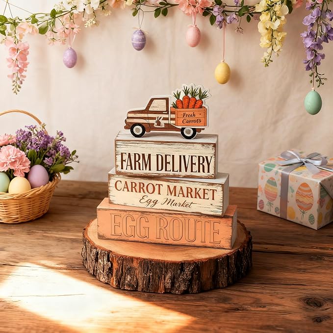 Easter Decorations - Farm Delivery Easter Truck Tiered Tray Decor - Wooden Farmhouse Easter Tabletop Sign with Carrots & Eggs - Rustic Spring Home Decor for Shelf Mantel Kitchen - Spring Home Decor for Living Room, Kitchen Counter