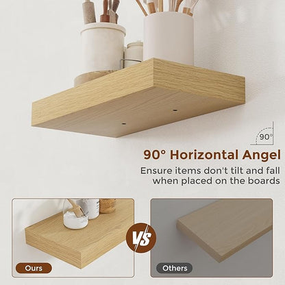Heimlove 16 Inch Floating Shelves for Wall Oak Shelves Set of 2,Wall Mounted Rustic Wood 8 Inch Deep Floating Shelf with Invisible Brackets for Bedroom Kitchen Living Room