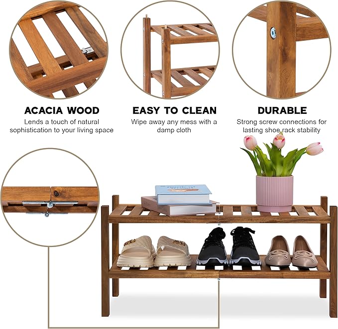 Natural Acacia Wood 2-Tier Folding Shoe Rack – Space-Saving Wooden Shoe Organizer Shelf for Entryway, Hallway, Mudroom, or Closet – Compact Indoor Storage for Footwear & More