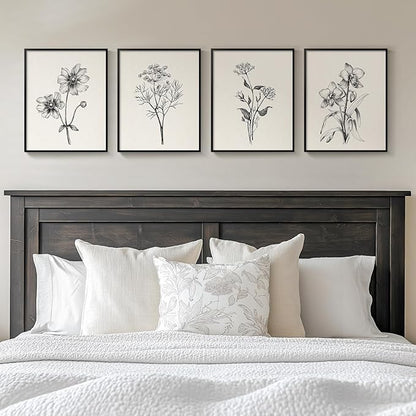 Framed Black and White Floral Wall Art for Bedroom, 4 Piece Vintage Botanical Canvas Paintings Artwork for Modern Farmhouse, Minimalist Flower Pictures for Living Room Kitchen Bathroom Wall Decor