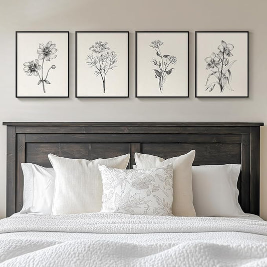 Framed Black and White Floral Wall Art for Bedroom, 4 Piece Vintage Botanical Canvas Paintings Artwork for Modern Farmhouse, Minimalist Flower Pictures for Living Room Kitchen Bathroom Wall Decor