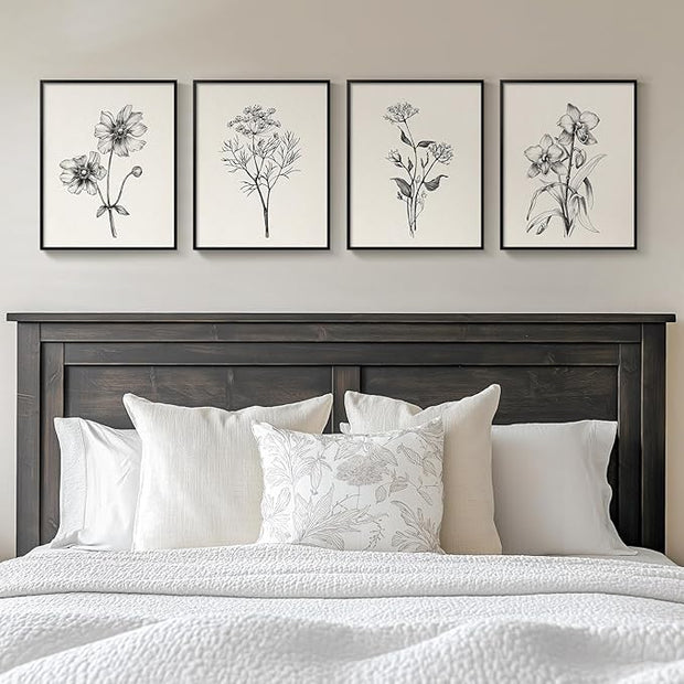 Framed Black and White Floral Wall Art for Bedroom, 4 Piece Vintage Botanical Canvas Paintings Artwork for Modern Farmhouse, Minimalist Flower Pictures for Living Room Kitchen Bathroom Wall Decor