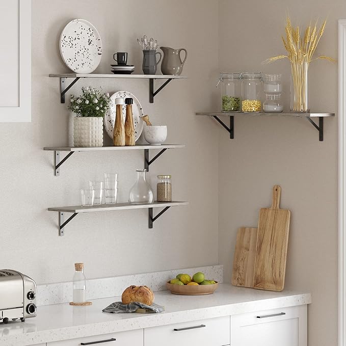 DINZI LVJ Long Shelf, 31.5 Inch Large Wall Mounted Shelves Set of 2, Easy-to-Install, Display Ledges with Sturdy Metal Brackets for Living Room, Bathroom, Bedroom, Kitchen, Laundry Room, Gray Wash