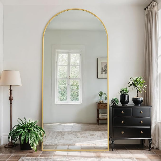 Full Length Mirror, 76" x 34" Arched Full Body Mirror Large Standing Floor Mirrors, Mirrors for Bedroom, Bathroom, Living Room Standing or Wall Leaning, Gold