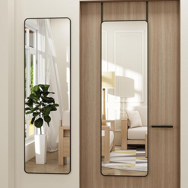 Full Length Door Mirror 14x48, Metal Frame with Protective Film, No-Drilling Hanging or Wall Mount (Horizontal/Vertical), Hooks & Hardware Included, Full Body Mirror for Bedroom, Dorm, Black