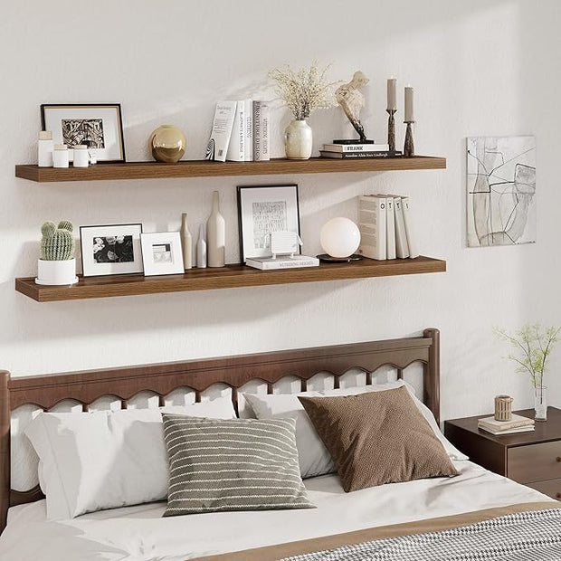 Fun Memories 12 Inch Deep Floating Shelves, 67 Inch Long Extra Large Floating Shelves Set of 2, Wood Wall Shelves for Living Room, Kitchen, Bedroom, Farmhouse, Laundry Room, Home Office - Walnut