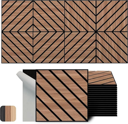 WoveN SounD Artisan Acoustic Wall Panels, 16 Pack 12x12 Inch, Wood Veneer Carved Sound Proof Wall Decor, Self-Adhesive for Home, Studio, Office & Focus Zones, Twill Pattern, Teak