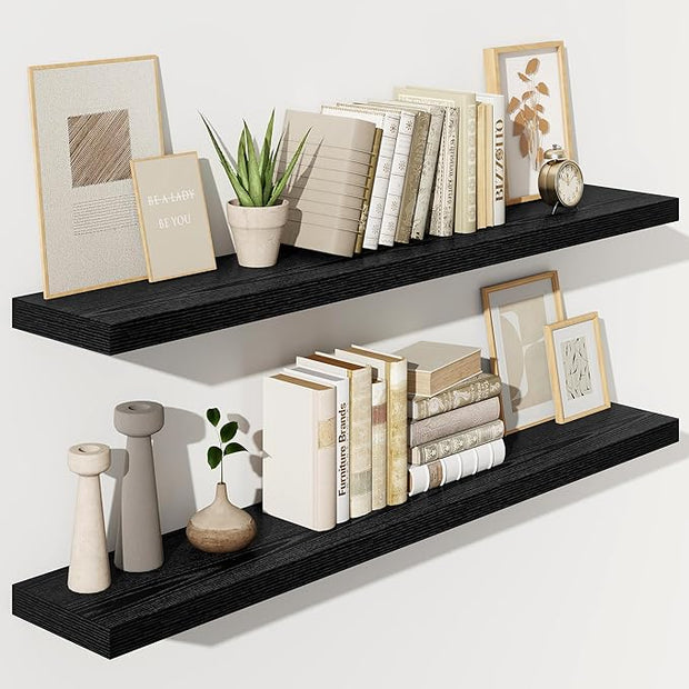 Fun Memories 55 Inch Floating Shelves for Wall, Fireplace Mantel Shelf with Invisible Heavy Duty Bracket, 8 Inch Deep Storage Shelf for Living Room, Kitchen, Farmhouse, Black (2-Pack)