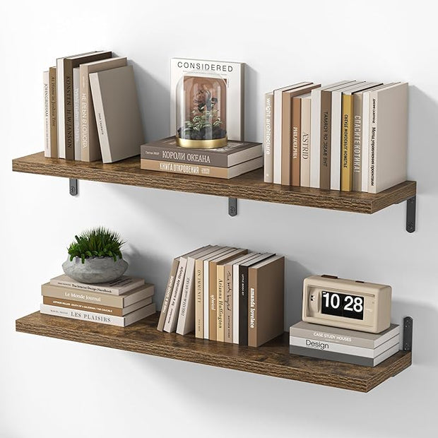 Marsmiles Extra Wide Floating Shelves for Wall, 36x8 Inch Natural Wood Grain Bookshelves, Heavy Duty Mounted Shelving for Bathroom, Kitchen, Living Room, Bedroom,Set of 2，Rustic Brown