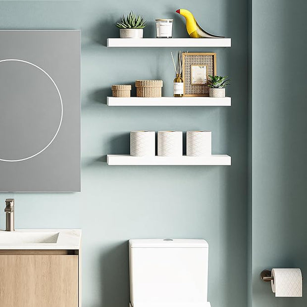 Ballucci Floating Shelves for Wall, 24" Wood Wall Shelf Set of 3, Invisible Brackets Floating Shelf, Decor Living Room, Bathroom, Bedroom, Kitchen, 6" Depth, White