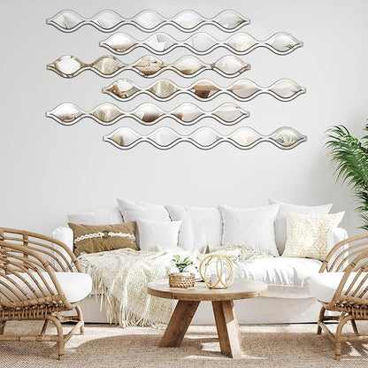 Yulejo 6 Pcs Acrylic Teardrop Mirror Decor Narrow Wall Decor Boho Vintage Wall Art for Apartment Home Living Room Bathroom Bedroom Hallway (Silver Edge)
