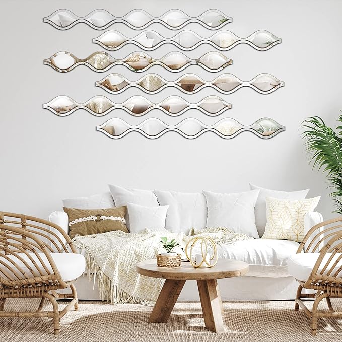 Yulejo 6 Pcs Acrylic Teardrop Mirror Decor Narrow Wall Decor Boho Vintage Wall Art for Apartment Home Living Room Bathroom Bedroom Hallway (Silver Edge)