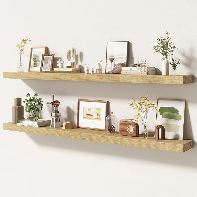 55 Inch Floating Shelves | 6.5 Inch Deep Oak Floating Shelves Set of 2 | 55" W x 6.5" D Rustic Oak Shelves with Invisible Brackets for Bathroom Living Room Bedroom