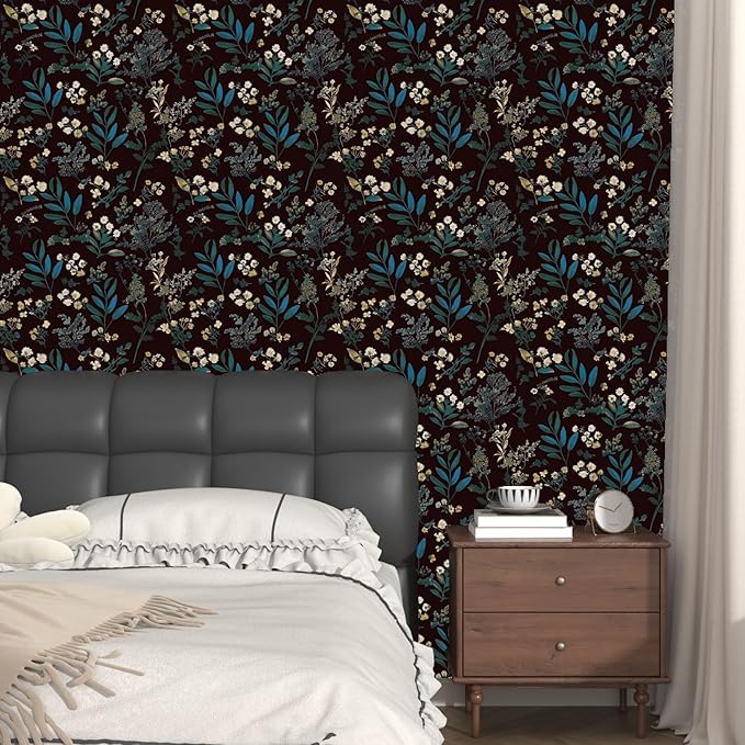 Vintage Wallpaper Peel and Stick Dark Green Floral Wallpaper 17.5'' x 118'' Green Leaf Contact Paper Vinyl Waterproof Self Adhesive Boho Botanical Wall Paper for Bedroom Cabinet Décor