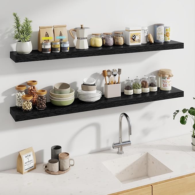 Fun Memories 60 Inch Fireplace Mantel - Long Floating Shelf, Wall Mounted Farmhouse Display with Invisible Heavy Duty Metal Bracket, Balck, 2 Pack