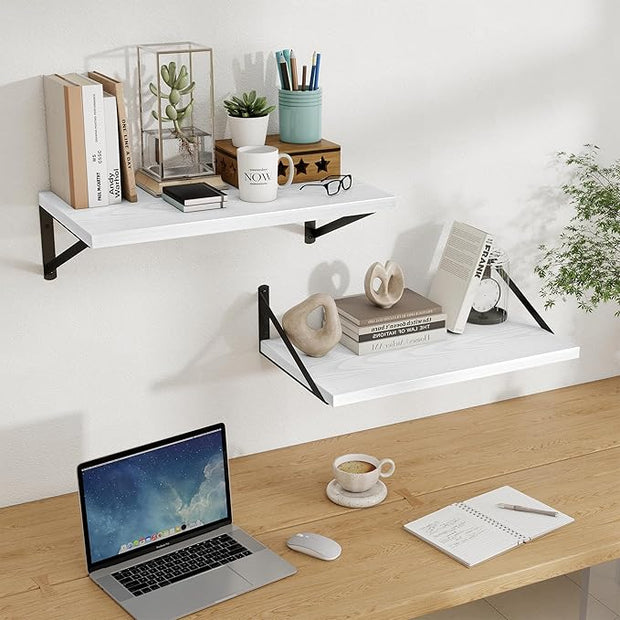 Floating Shelves, 12 Inch Deep Rustic Wood Wall Storage, 24W x 12D Wall Shelves Set of 2, Heavy Duty Metal Brackets, Large Industrial Book Shelf for Living Room, Kitchen, Bedroom, White