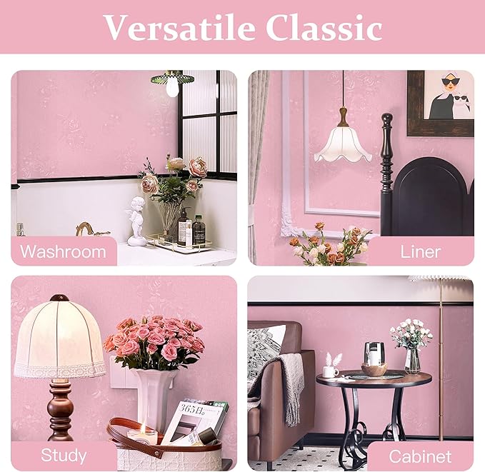 Dimoon 17.7''x78.7''Pink Peel and Stick Wallpaper Gothic Floral Wall Paper Contact Paper Closeout Renter Friendly Modern Self Adhesive(78.7''x17.7'', Pink Floral Textured)