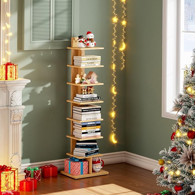TUTOTAK Narrow Bookshelf, 8-Tier Bookcase, Spine Book Shelf for Small Space, Corner Standing Shelf for Living Room, Office, Study, Entryway, Natural BS06BN008