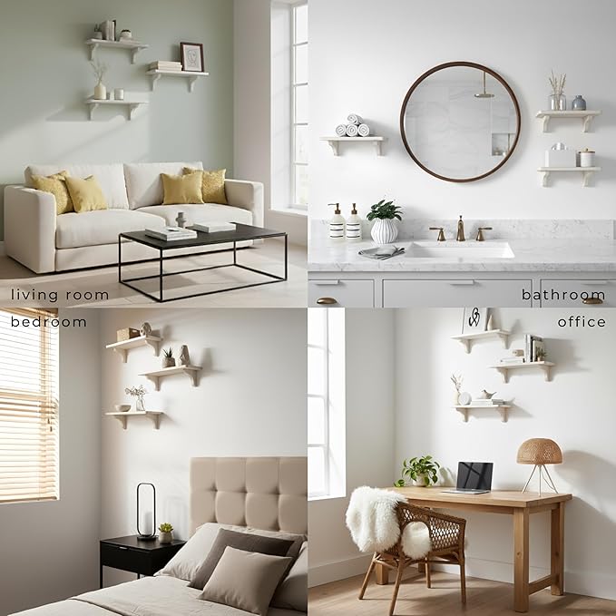 Real Wood White Shelves for Wall - 17 inch (3 Pack) - Easy to Install, Template and Video Included - White Wall Shelves, Shelves for Room, Decorative Wall Shelf
