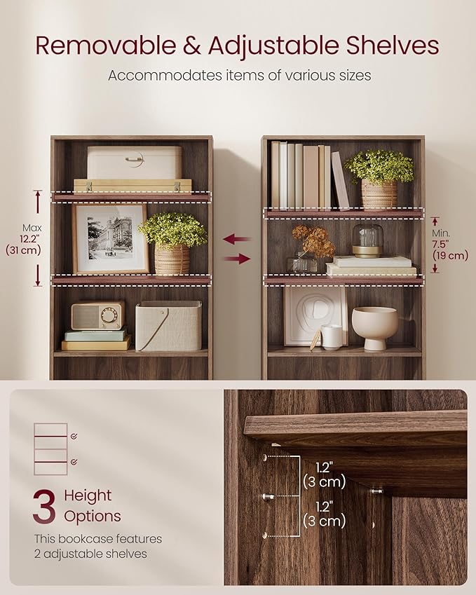 VASAGLE Custos Collection - Bookshelf, 4-Tier Bookcase, Book Shelf, Open Storage Shelf, 9.4 x 23.6 x 42.4 Inches, for Living Room, Home Office, Dining Room, Natural Walnut ULBC164K01