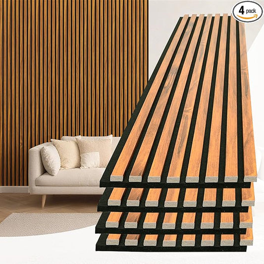 Art3d 4-Piece 94 x 12.6 Inch Acoustic Lightweight Slat Wall Panel - Waterproof Wood Textured Wainscoting Panel of 33 Sq.Ft for Bedroom, Home Theater Office Accent Wall, Teak