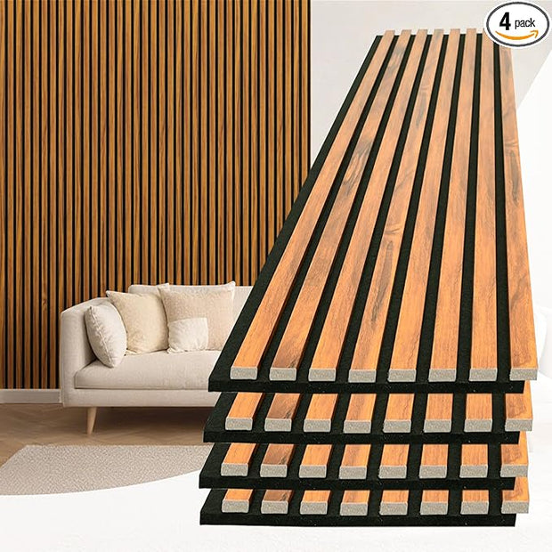 Art3d 4-Piece 94 x 12.6 Inch Acoustic Lightweight Slat Wall Panel - Waterproof Wood Textured Wainscoting Panel of 33 Sq.Ft for Bedroom, Home Theater Office Accent Wall, Teak