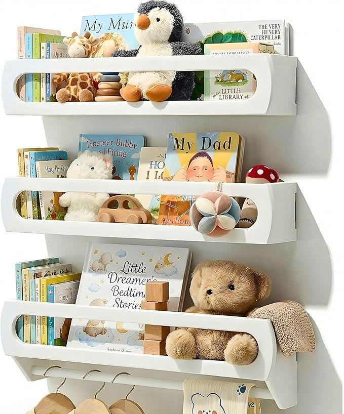 Nursery Book Shelves, Premium Bamboo Wood, Fully Assembled - Nursery Decor, Book Shelf for Kids Rooms, Multi-Use Floating Shelves for Wall with Hanger Bar, Set of 3 (White, 23 Inches)
