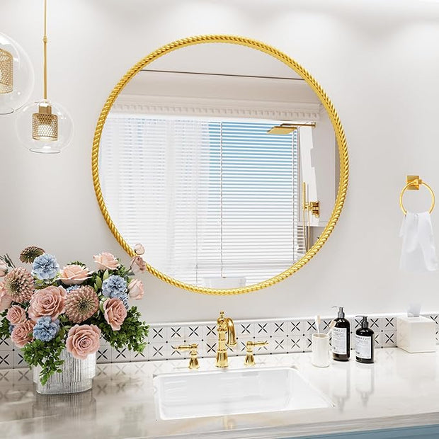 PROHOMEWARE Gold Round Bathroom Mirrors, 28 inch Circle Wall Mounted Hanging Mirror for Entryway, Living Room, Hallway, Bathroom, Bedroom