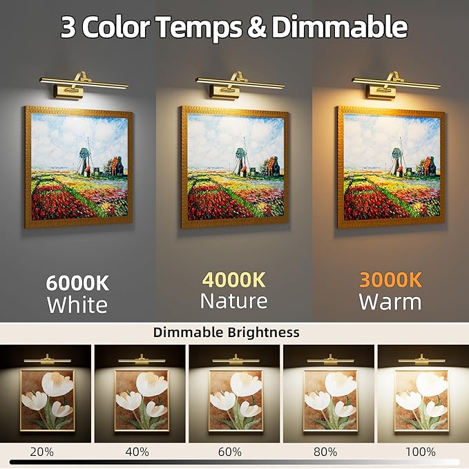 Picture Lights for Wall, 8000mAh Rechargeable Battery Operated Picture Light with Remote, 23.6" Dimmable 3 Colors Wireless Art Lighting for Paintings Picture Frame Gallery Dartboard, Brass